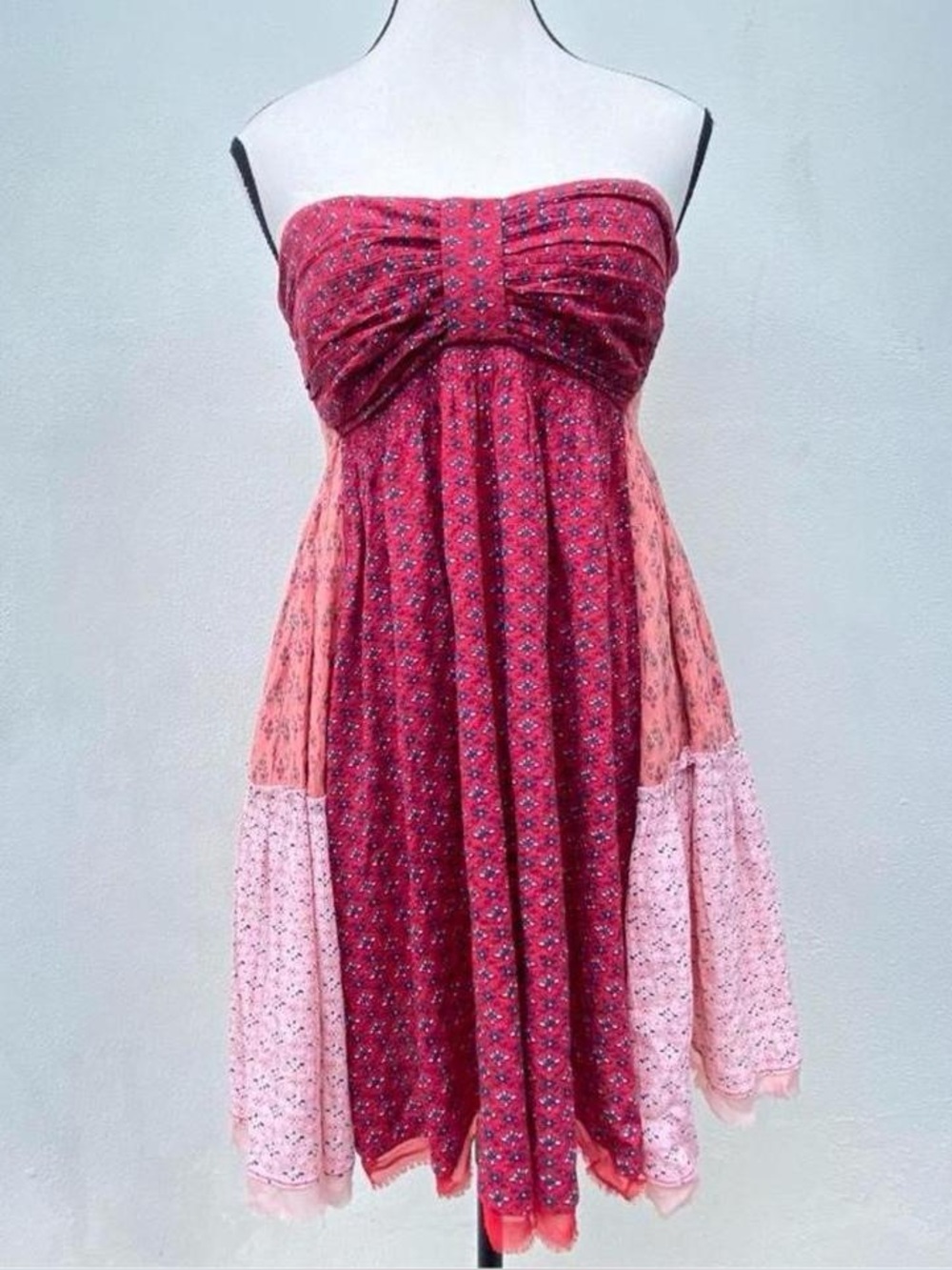 Free People Red, Coral & Pink Patchwork Floral Strapless Bandeau Mini Dress XS